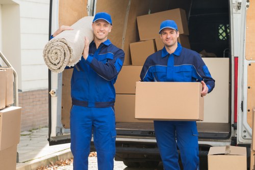 Office relocation planning in Finsbury with moving boxes and workplace equipment