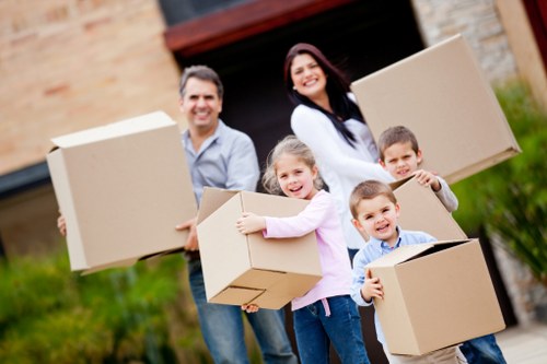 Packed office equipment ready for transport from a Finsbury workplace