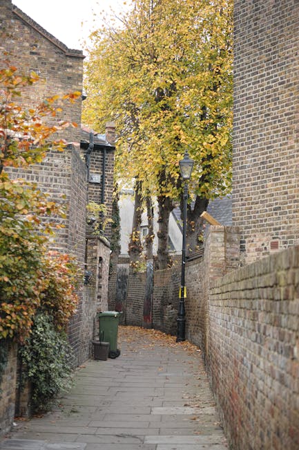 A narrow, paved alleyway in a residential area during autumn, with old brick walls on both sides and a tree with yellow leaves at the end. A black street lamp is mounted on a pole along the alley, and a green wheelie bin is positioned near the left wall. In the background, a door is partially visible behind the tree. This scene illustrates a typical tight access pathway that a house removal team, such as Man With a Van Finsbury, might navigate when transporting furniture or boxes during a home relocation, highlighting the importance of careful loading and logistical planning for difficult urban environments.